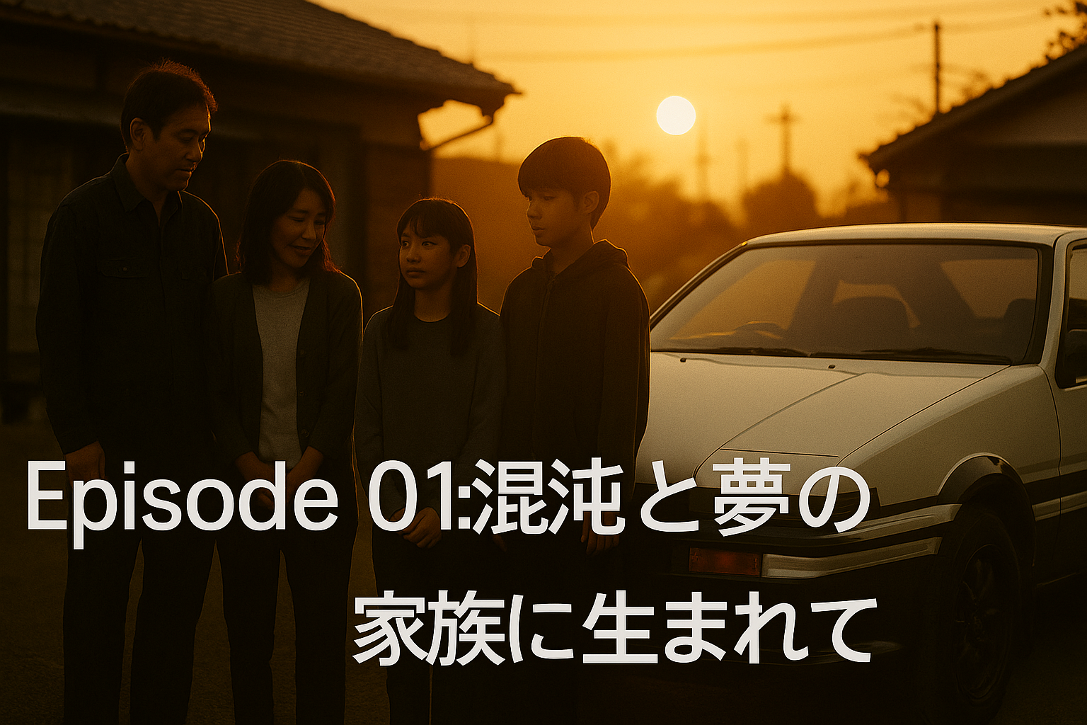 夕暮れの中で家族4人が立つシーン（Episode 01：混沌と夢の家族に生まれて）