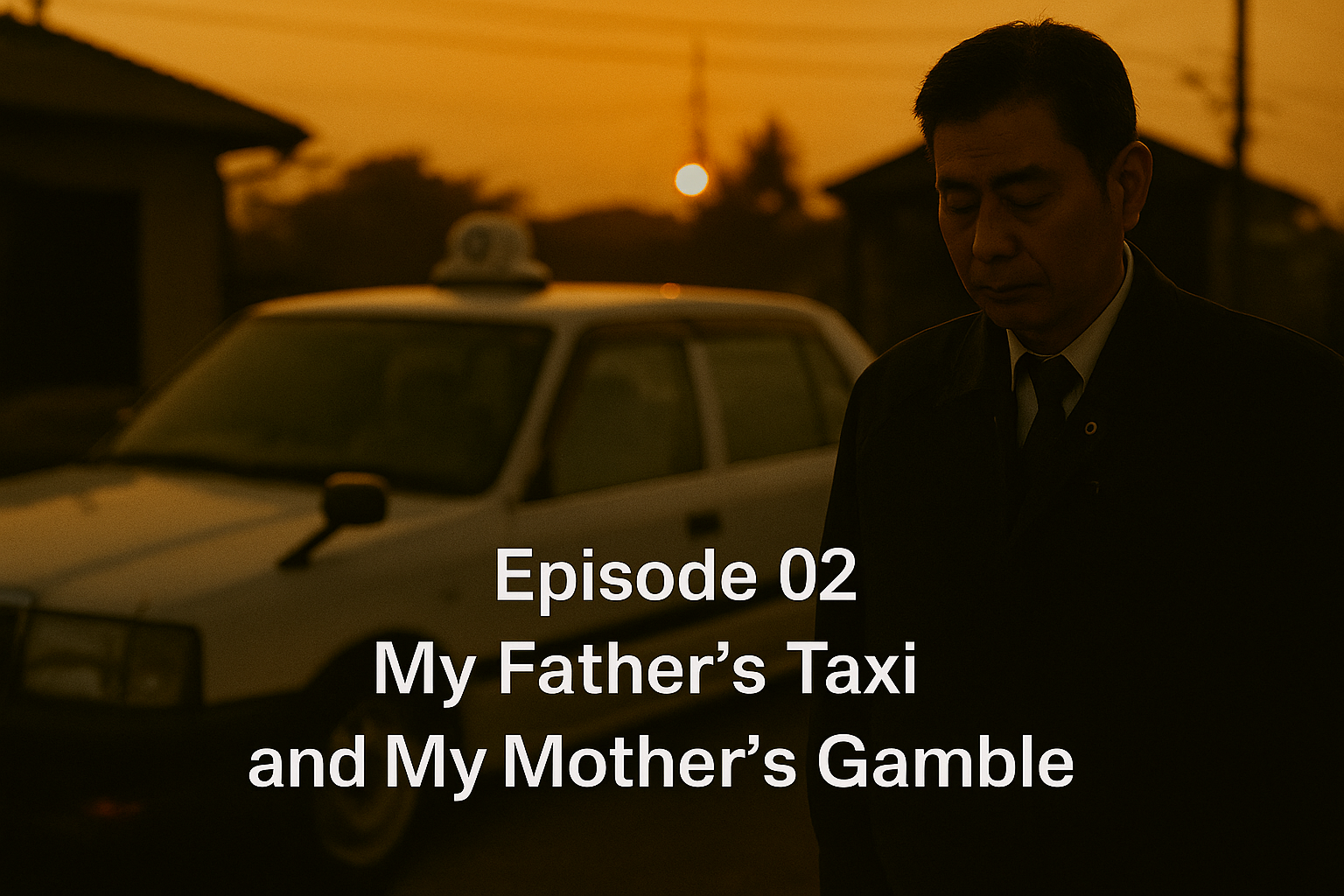 Episode 02: My Father’s Taxi and My Mother’s Gamble. A man stands before a white Nissan Crew taxi at sunset — a scene from Second Gear Life.