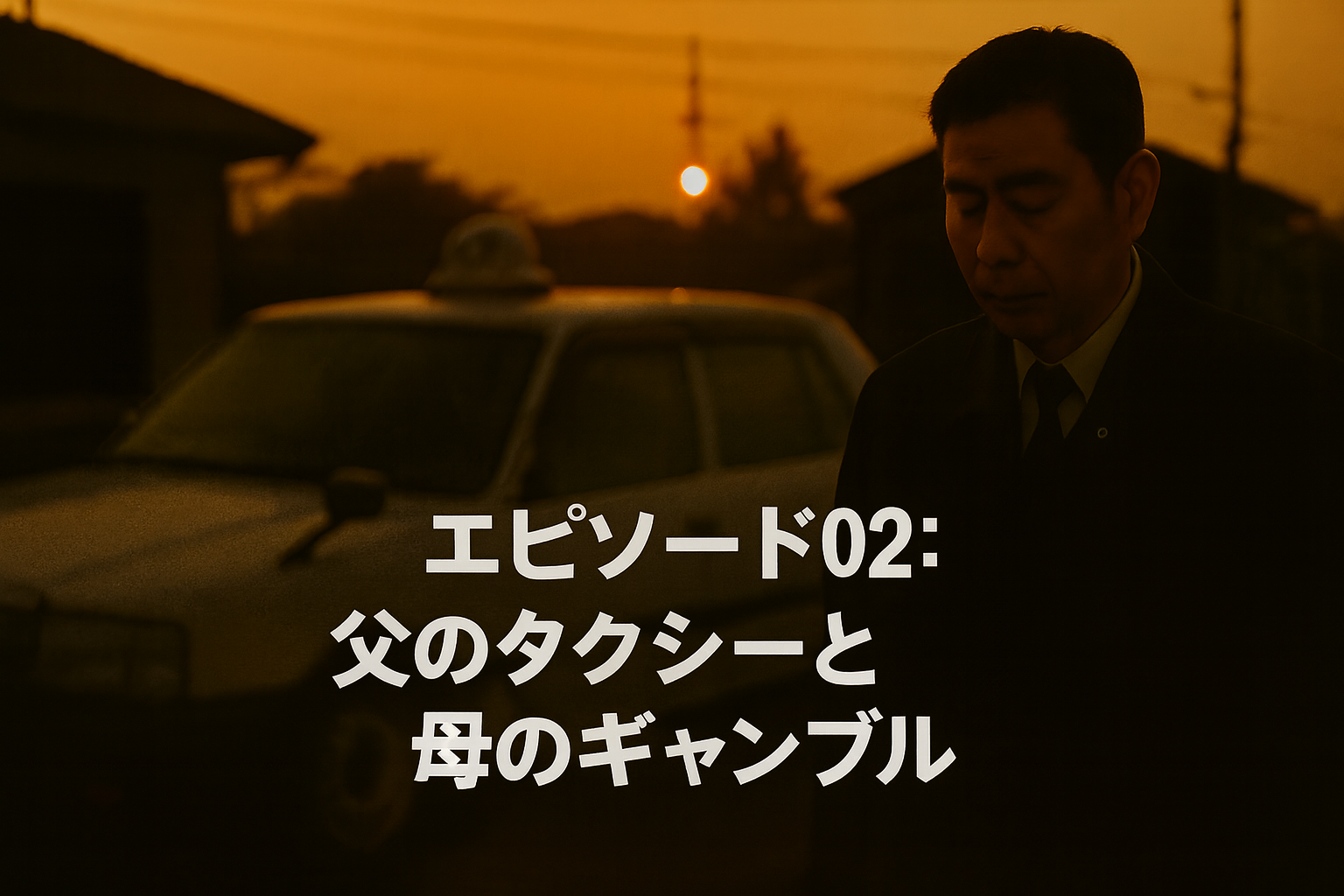 エピソード02:父のタクシーと母のギャンブル。夕暮れの中、白い日産クルーの前に立つ男性。Second Gear Life シリーズの一場面。