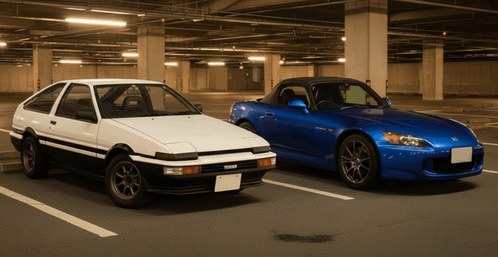 地下駐車場に並ぶトヨタAE86トレノとホンダS2000の写真 / Toyota AE86 Trueno and Honda S2000 parked side by side in an underground garage
