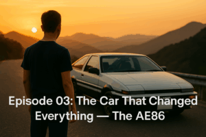 A young man stands on a mountain road at sunset facing a white Toyota AE86, with warm golden light illuminating the scene.