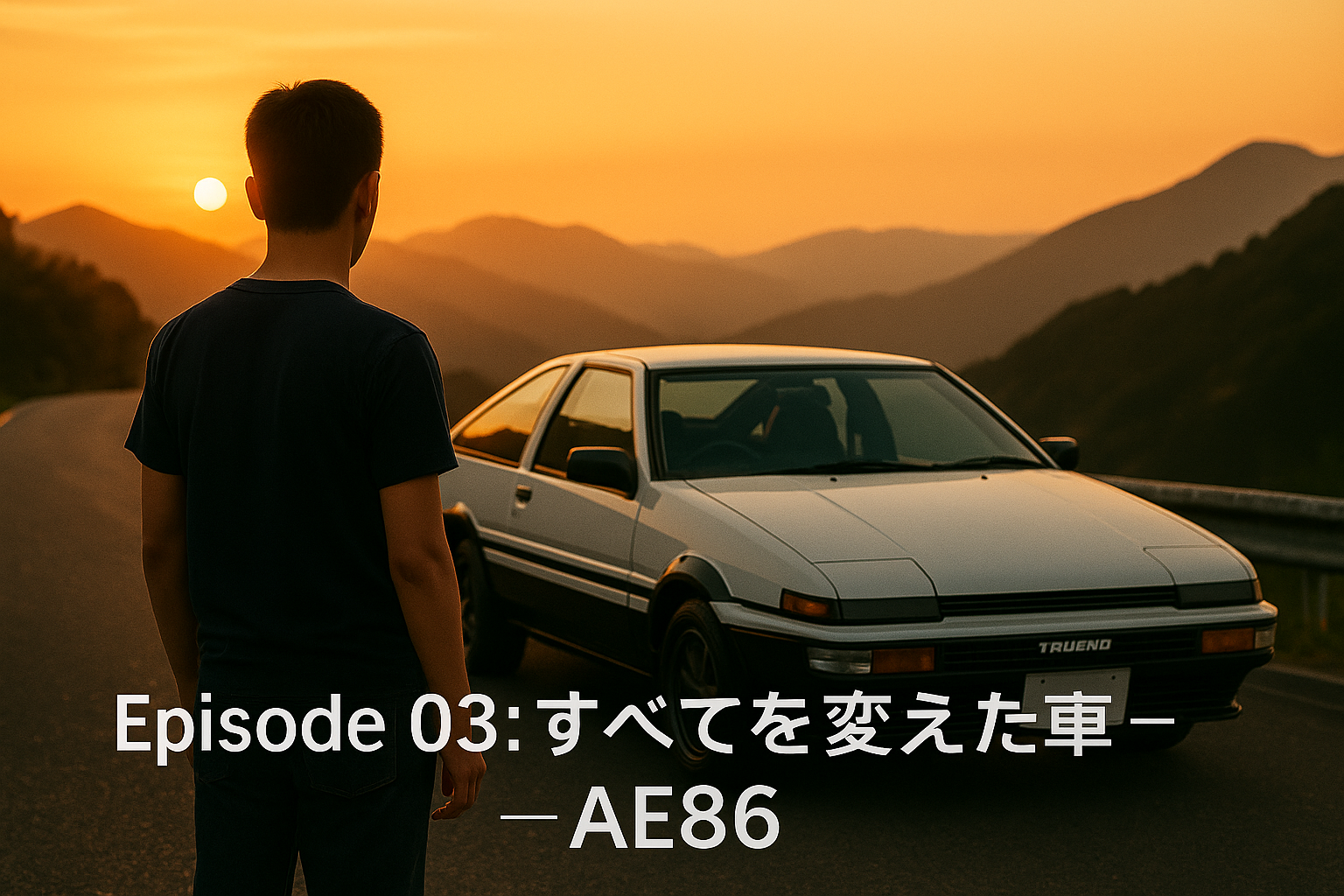 夕暮れの山道で白いトヨタAE86を見つめる少年の後ろ姿。