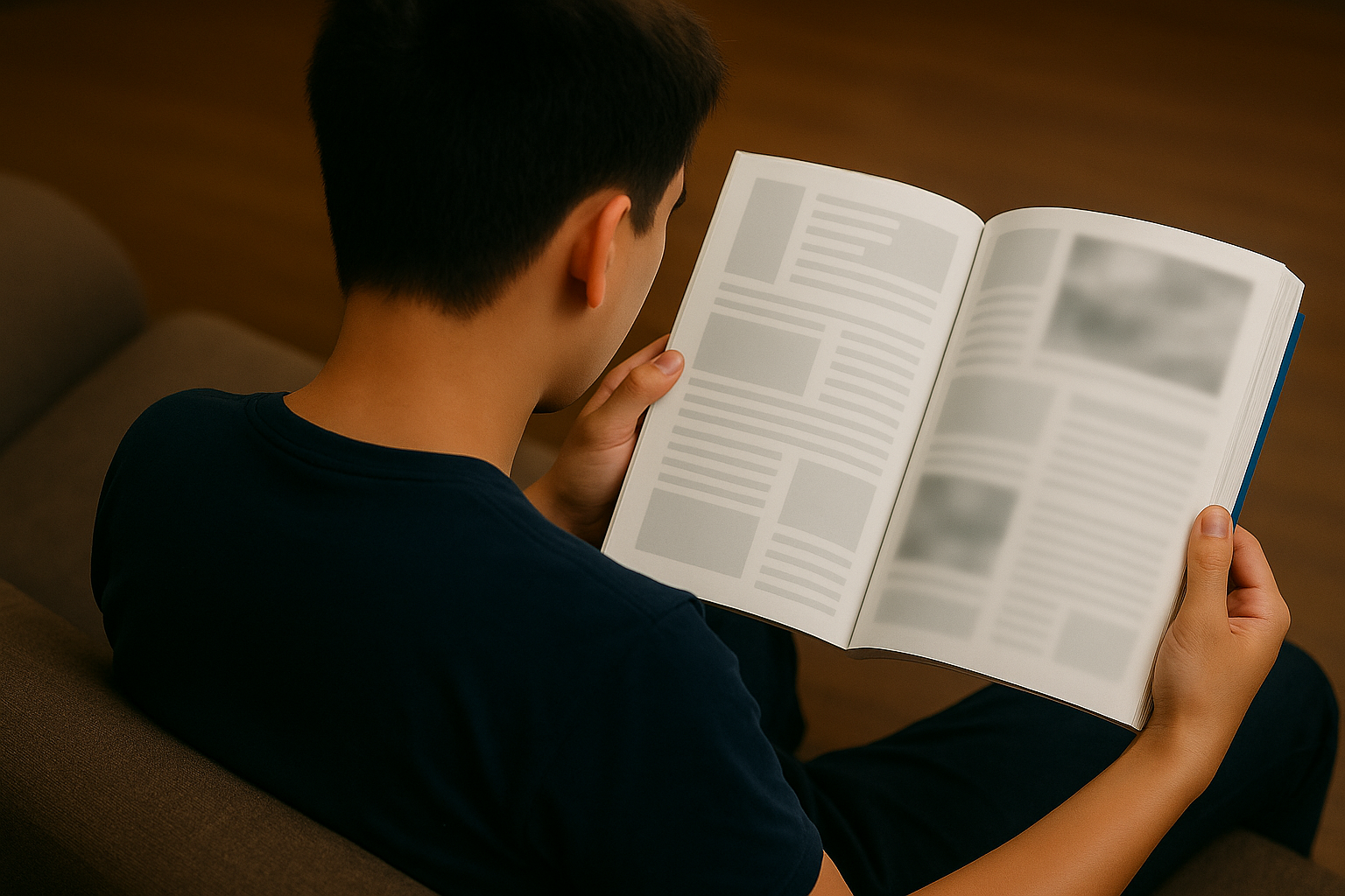 A young boy seen from behind sitting on a chair and reading a magazine indoors.