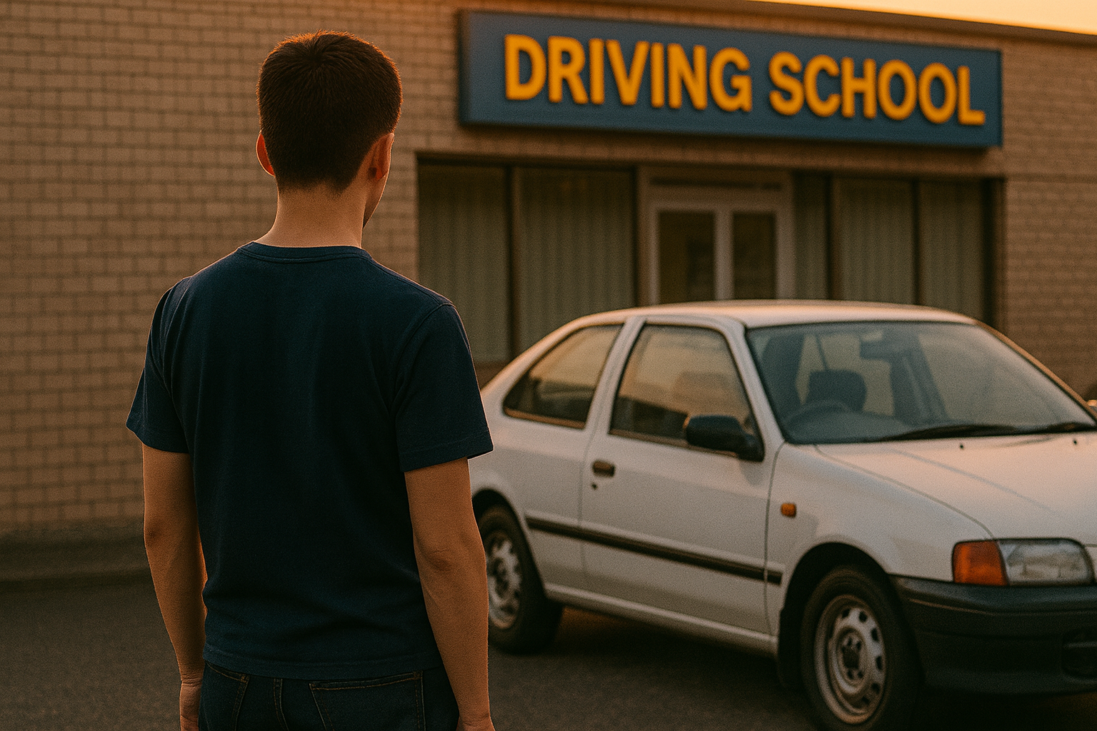 A young man viewed from behind standing in front of a driving school building, looking at a white training car.