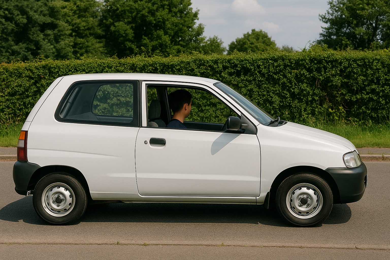 A young boy seen from the passenger-side window, driving his mother's white Suzuki Alto on a sunny day.