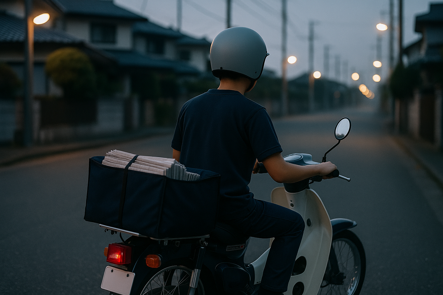 A young boy riding a Honda Super Cub early in the morning, delivering newspapers in a quiet residential neighborhood.