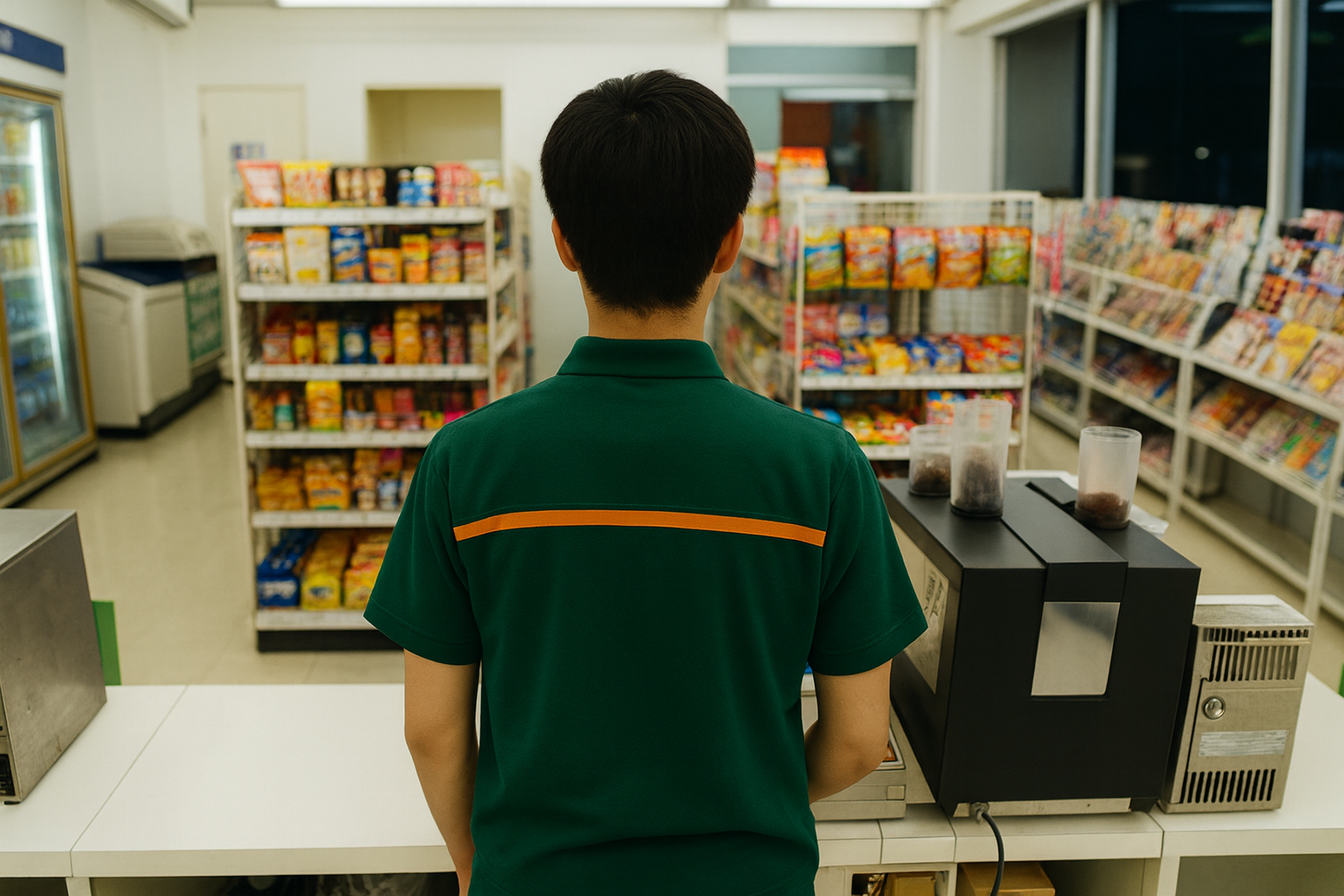 A teenage boy wearing a green convenience store uniform stands at the register inside a brightly lit store at night.