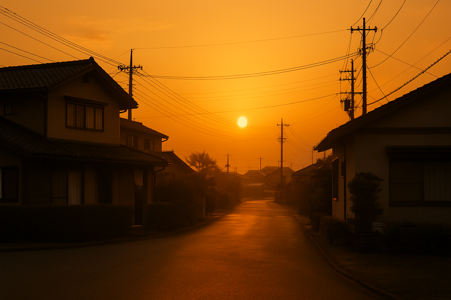 Sunset over a quiet Japanese residential street, evoking memories of family and childhood.