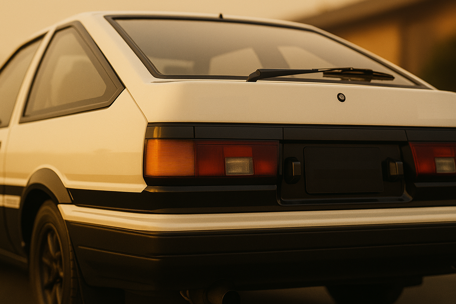 AE86 トレノ GT-APEX 後期 白黒ツートンのリアビュー。夕焼けに照らされたTRUENO。