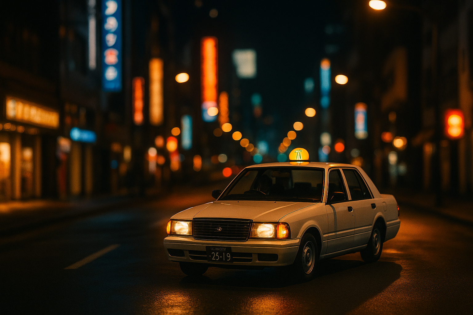 A white Nissan Crew taxi driving through a quiet residential street at night in Japan.