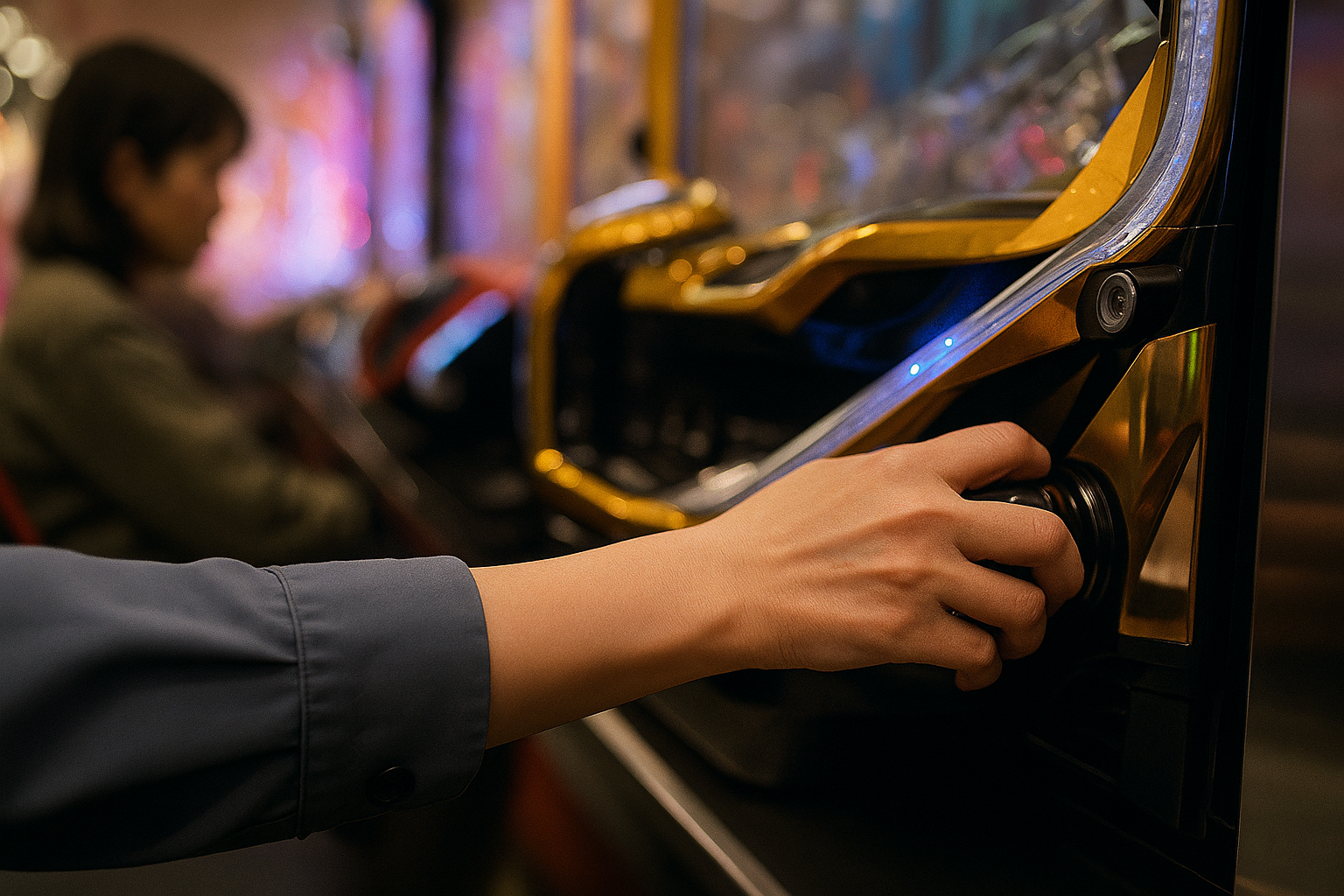 A woman’s hand holding a pachinko handle in a quiet moment under soft daylight.