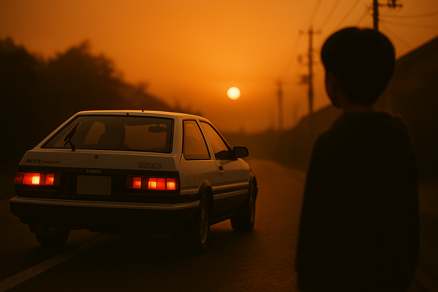 White and black two-tone AE86 TRUENO driving into the sunset