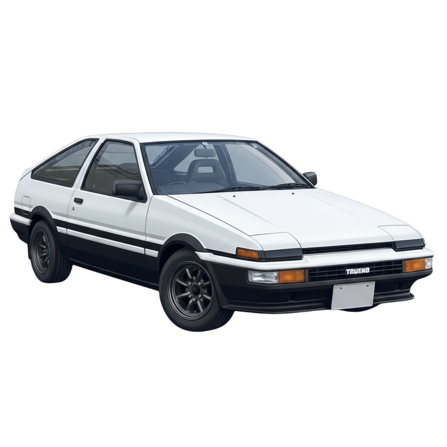 白黒ツートンのトヨタ・スプリンタートレノ AE86（後期型）が斜め前から写っている画像。