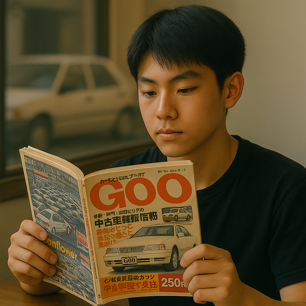 A high school student reading the used-car magazine Goo, reflecting fascination with 1980s Japanese cars.