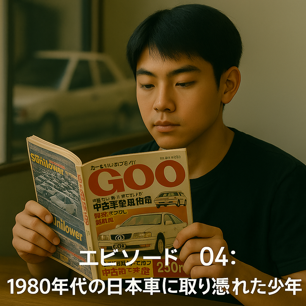 日本の高校生が中古車情報誌「Goo」を読んでいる写真。画像下部には「エピソード04：1980年代の日本車に取り憑かれた少年」というタイトルが表示されている。