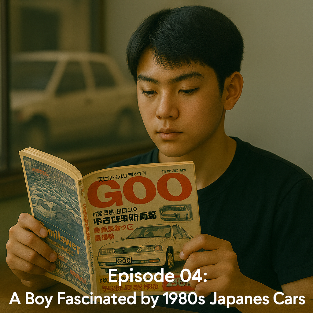 A Japanese high school student reading a vintage Goo used-car magazine, with the title “Episode 04: A Boy Fascinated by 1980s Japanese Cars” displayed at the bottom of the image.