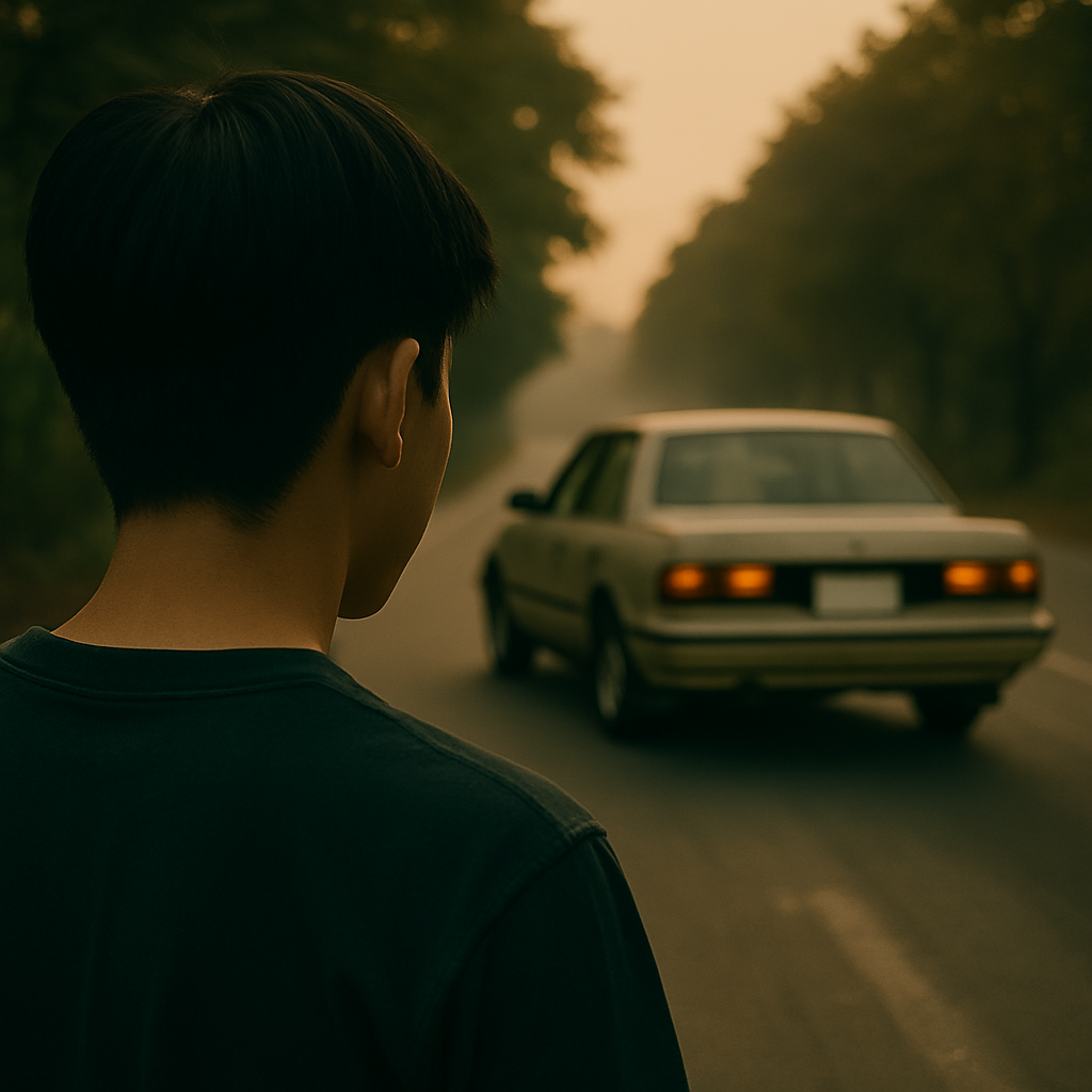 A young man watching an old 1980s Japanese sedan driving away at dusk.