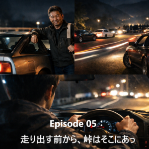 夜の峠道を走るドライバーの視点と、走り屋たちが集まる峠の情景を描いたコラージュ画像