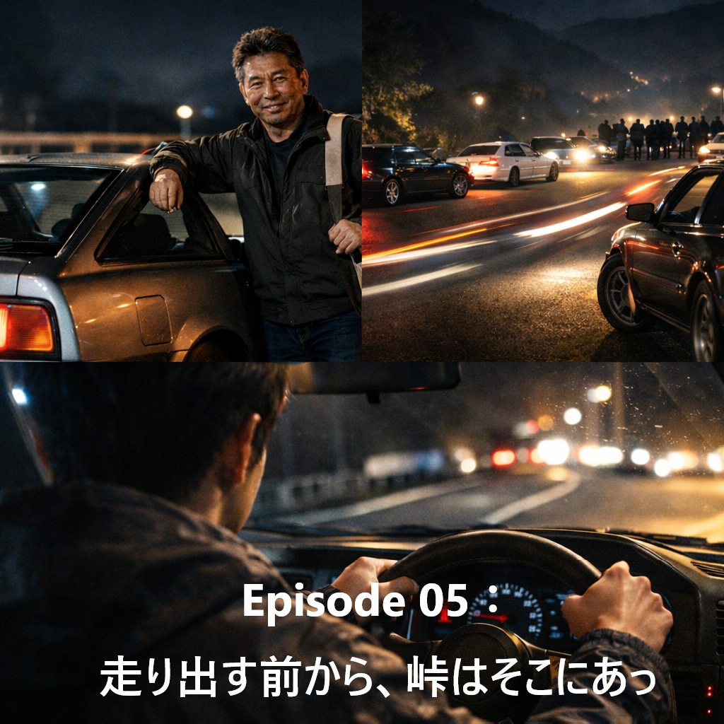 夜の峠道を走るドライバーの視点と、走り屋たちが集まる峠の情景を描いたコラージュ画像