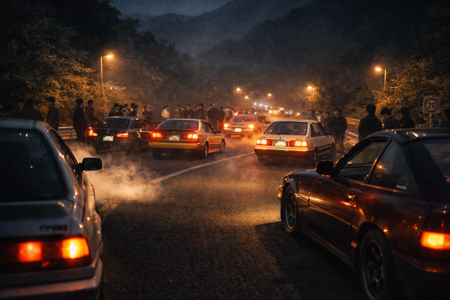 Street racers gathered on a mountain pass at night, headlights glowing.