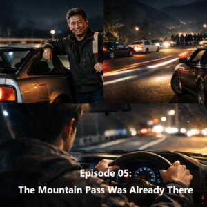 Night mountain pass scene with street racers gathering and a driver’s perspective on a winding road, key visual for Episode 05 of Second Gear Life