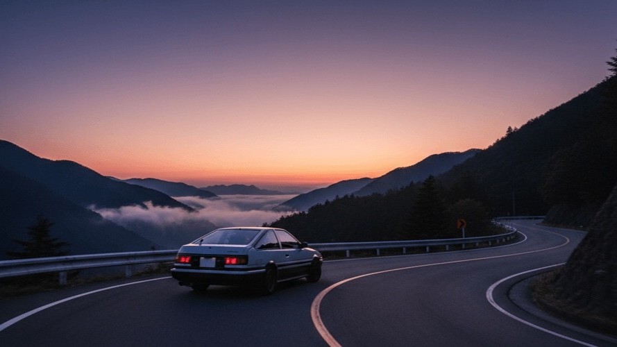 朝方の日本の峠を走るトヨタAE86の後ろ姿。ワインディングロードと朝焼けの風景。