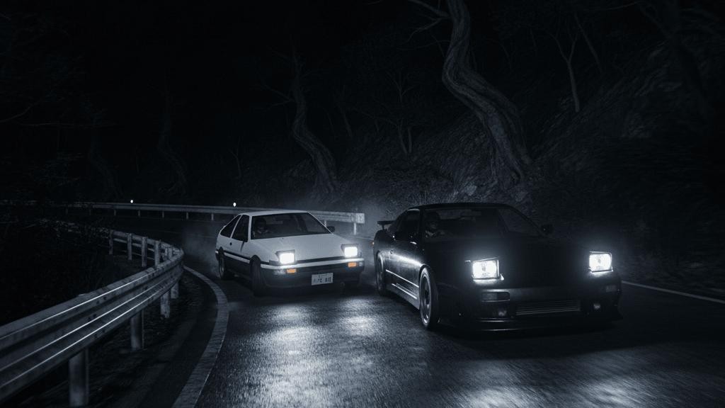 A white Toyota AE86 being chased by a black Nissan 180SX on a dark Japanese mountain pass at night.