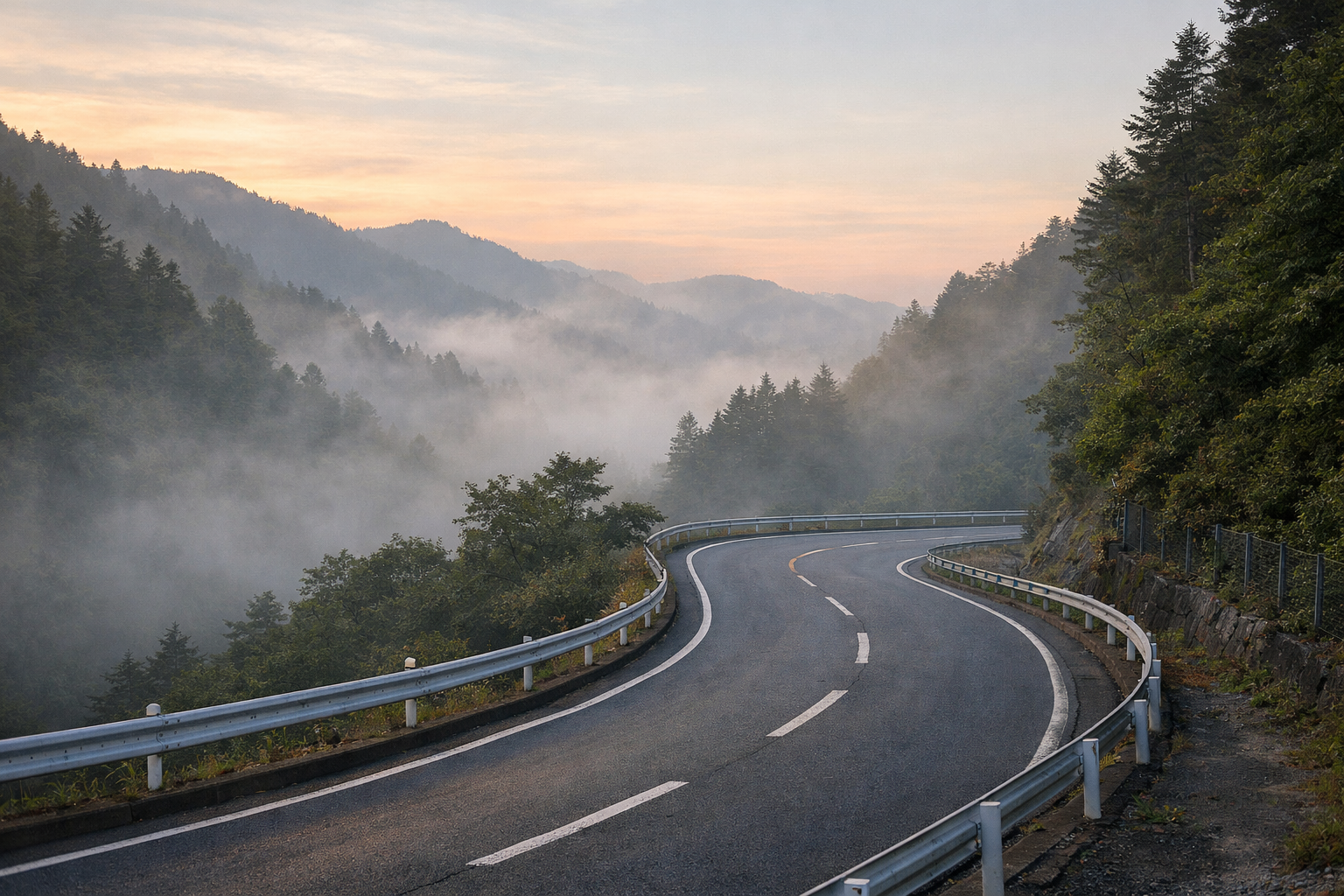 朝焼けと霧に包まれた日本の峠のワインディングロード。左側通行が分かるカーブした山道。