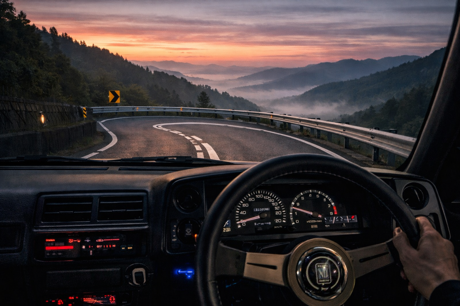 Driver’s perspective inside a Toyota AE86 descending a Japanese mountain pass at dawn, with a right-hand-drive steering wheel and winding road ahead.