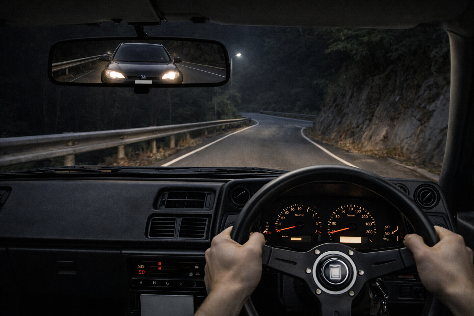 夜の日本の峠を下るAE86の車内視点。ルームミラーに黒いホンダEG6のヘッドライトが至近距離で映っている。