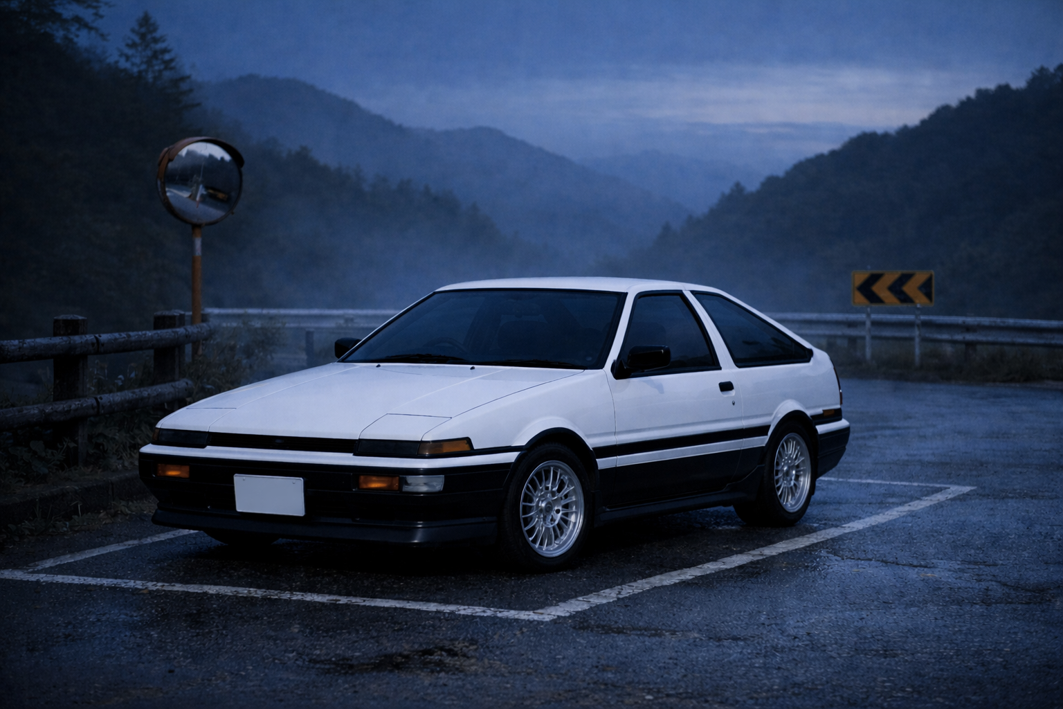 Late-model Toyota AE86 Trueno parked quietly on a Japanese mountain pass before dawn