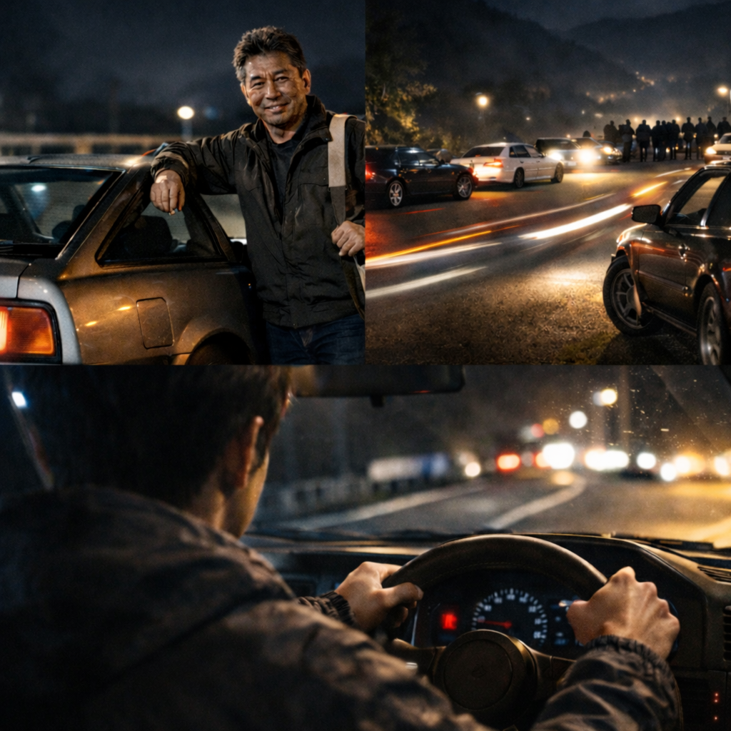 A teenage boy watching street racers gather on a mountain pass at night from the passenger seat of a Fairlady Z.