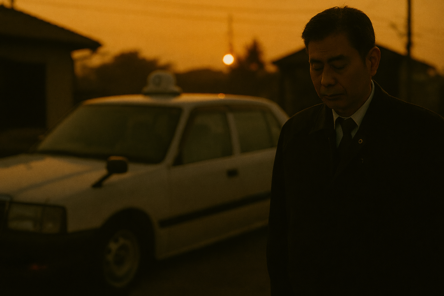 A father standing quietly beside his taxi at sunset, his expression calm and reflective against the fading evening light.