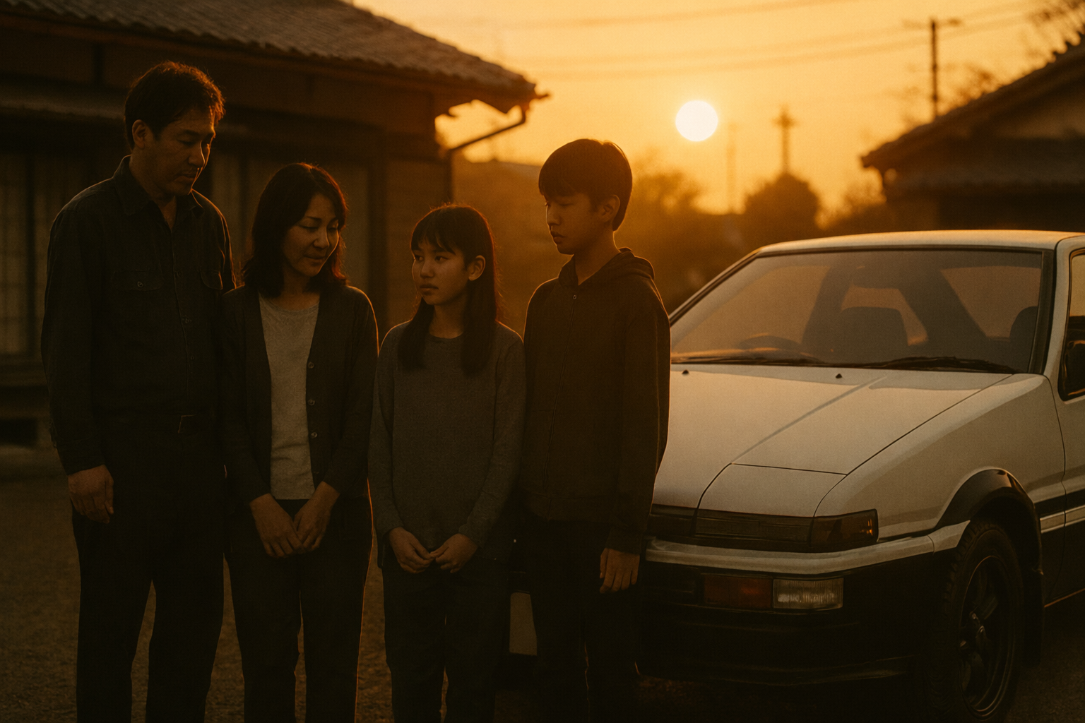 夕暮れの日本の住宅街で、家族4人が白いAE86のそばに静かに立っている情景