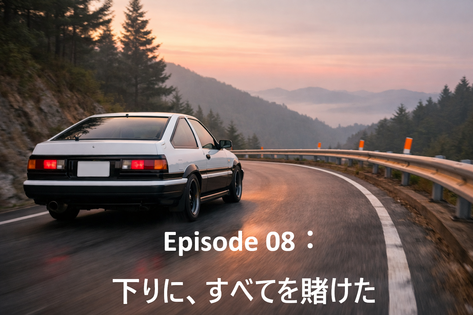 朝焼けの日本の峠を右車線で走る白黒ツートンのトヨタAE86トレノの後ろ姿