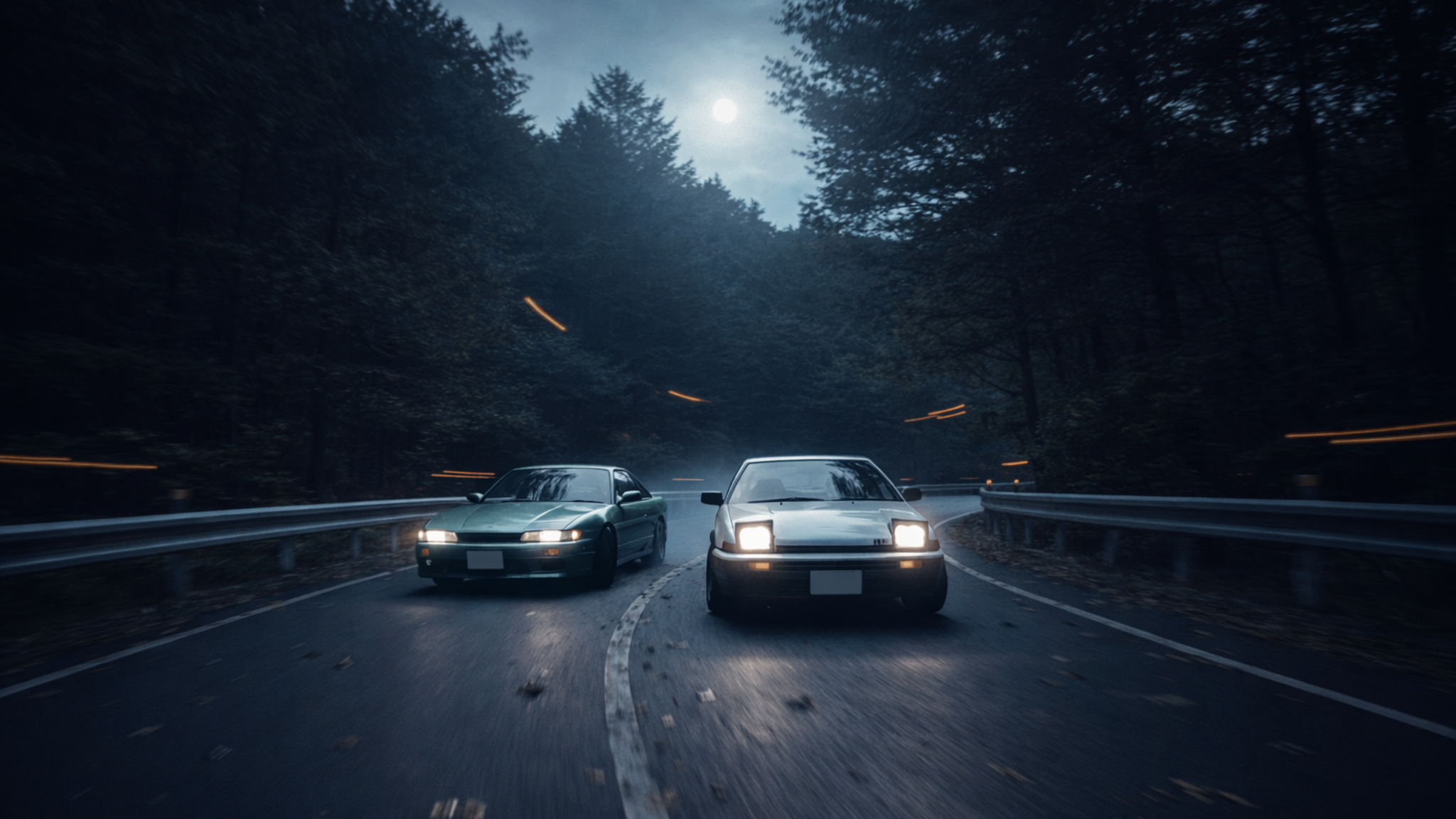 深夜の日本の峠の下りで、AE86と180SXが並走する走行シーン。