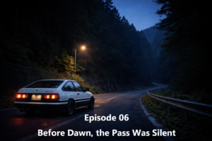 An AE86 stopped at the entrance of a quiet mountain pass before dawn, illuminated by a single streetlight and surrounded by forest.