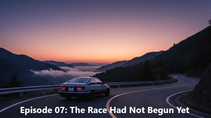 A Toyota AE86 driving on a winding Japanese mountain road at dawn, with a soft sunrise glow and mist in the valleys behind.