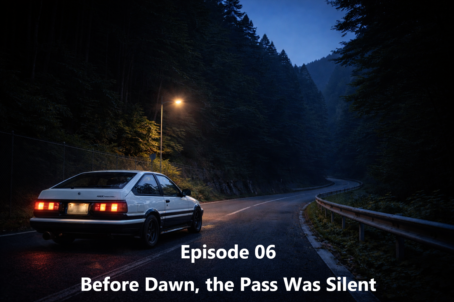 An AE86 stopped at the entrance of a quiet mountain pass before dawn, illuminated by a single streetlight and surrounded by forest.