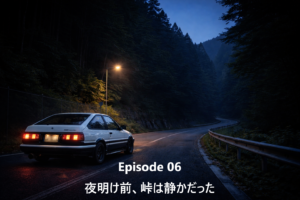 夜明け前の静かな峠入口に停まるAE86。街灯に照らされた山道と、走り出す直前の緊張感。
