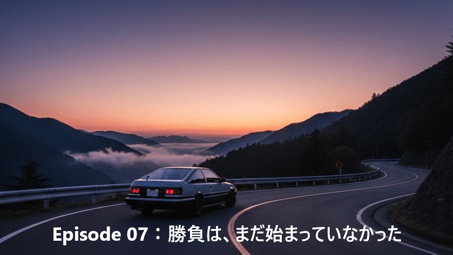 朝焼けの日本の峠を走るトヨタAE86。霧に包まれた山々とワインディングロードが広がる風景。