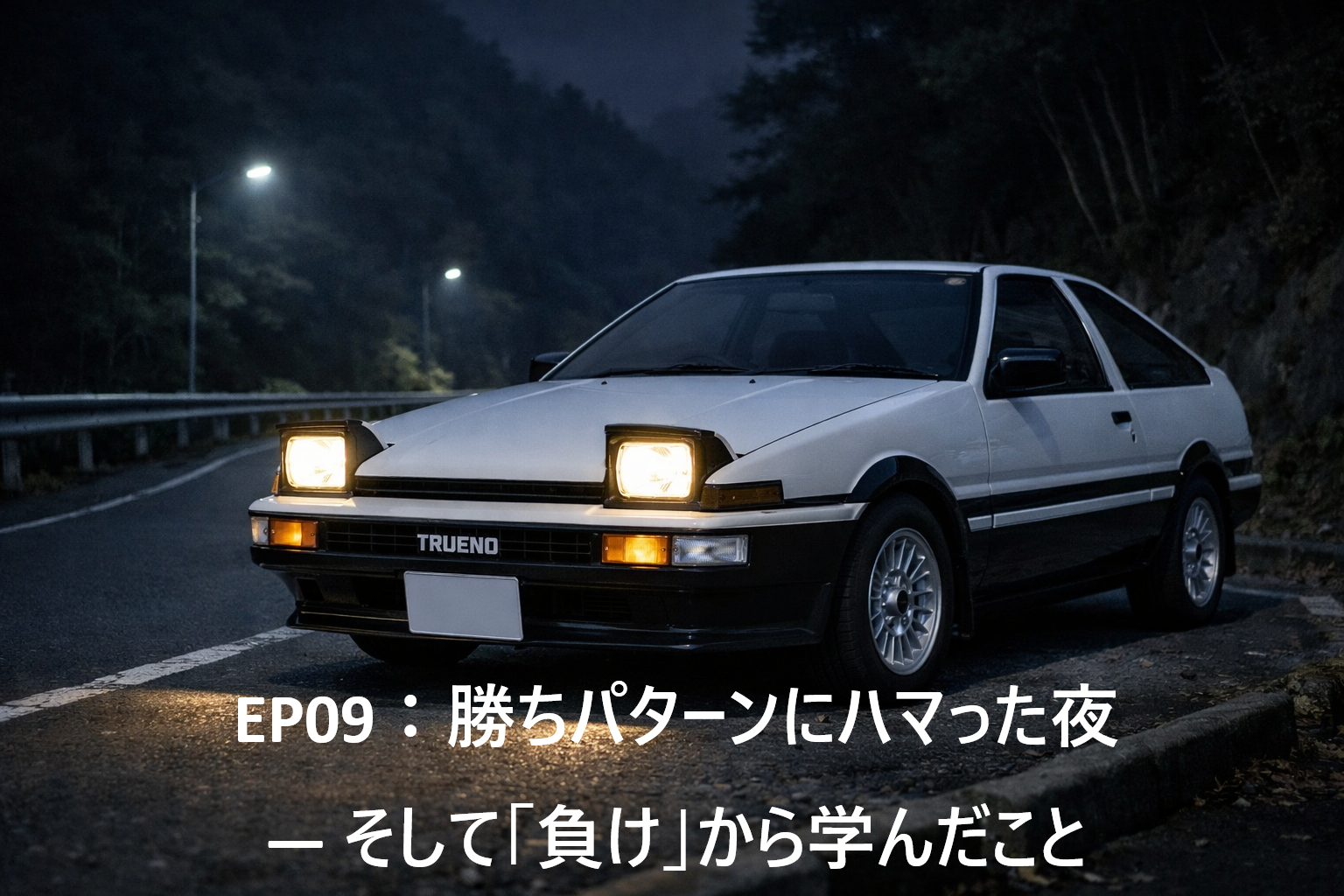 夜の日本の峠で停車している白黒ツートンのAE86。静かな雰囲気の中、ヘッドライトが細い山道を照らしている。