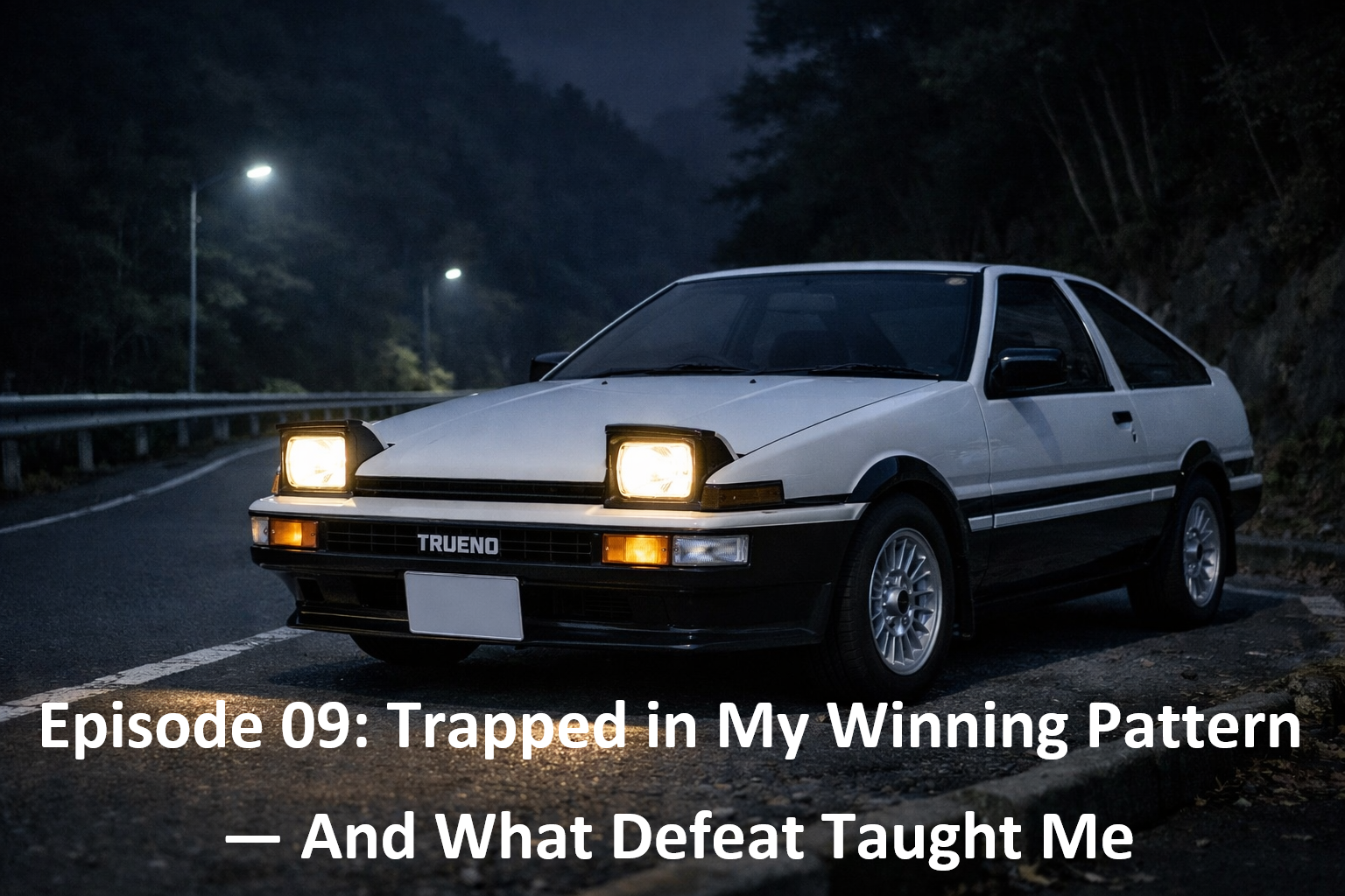 A white-and-black Toyota AE86 parked at a quiet Japanese mountain pass at night, softly illuminating the narrow road with its headlights.