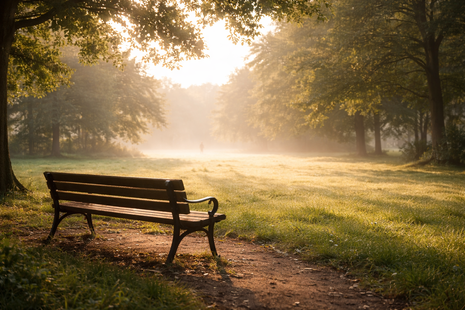 朝の公園で静かに座ることで心の距離を取ることを表すイメージ