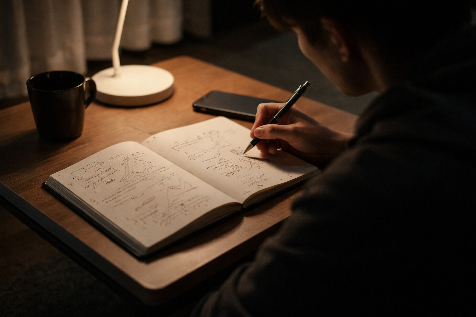 Notebook with crossed-out lines under a desk lamp representing trial and error thinking process