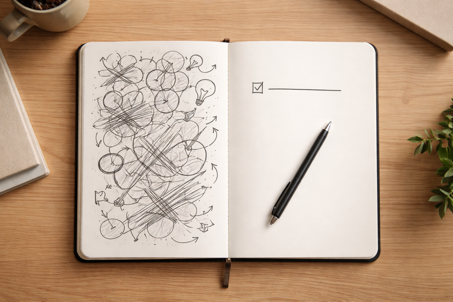 Notebook comparing messy planning and a simple first step