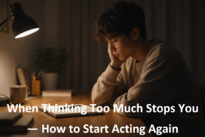 Person unable to act due to overthinking while staring at a blank notebook