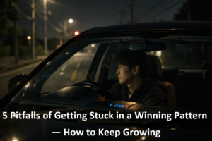 Person sitting alone in a parked right-hand-drive car at night thinking quietly