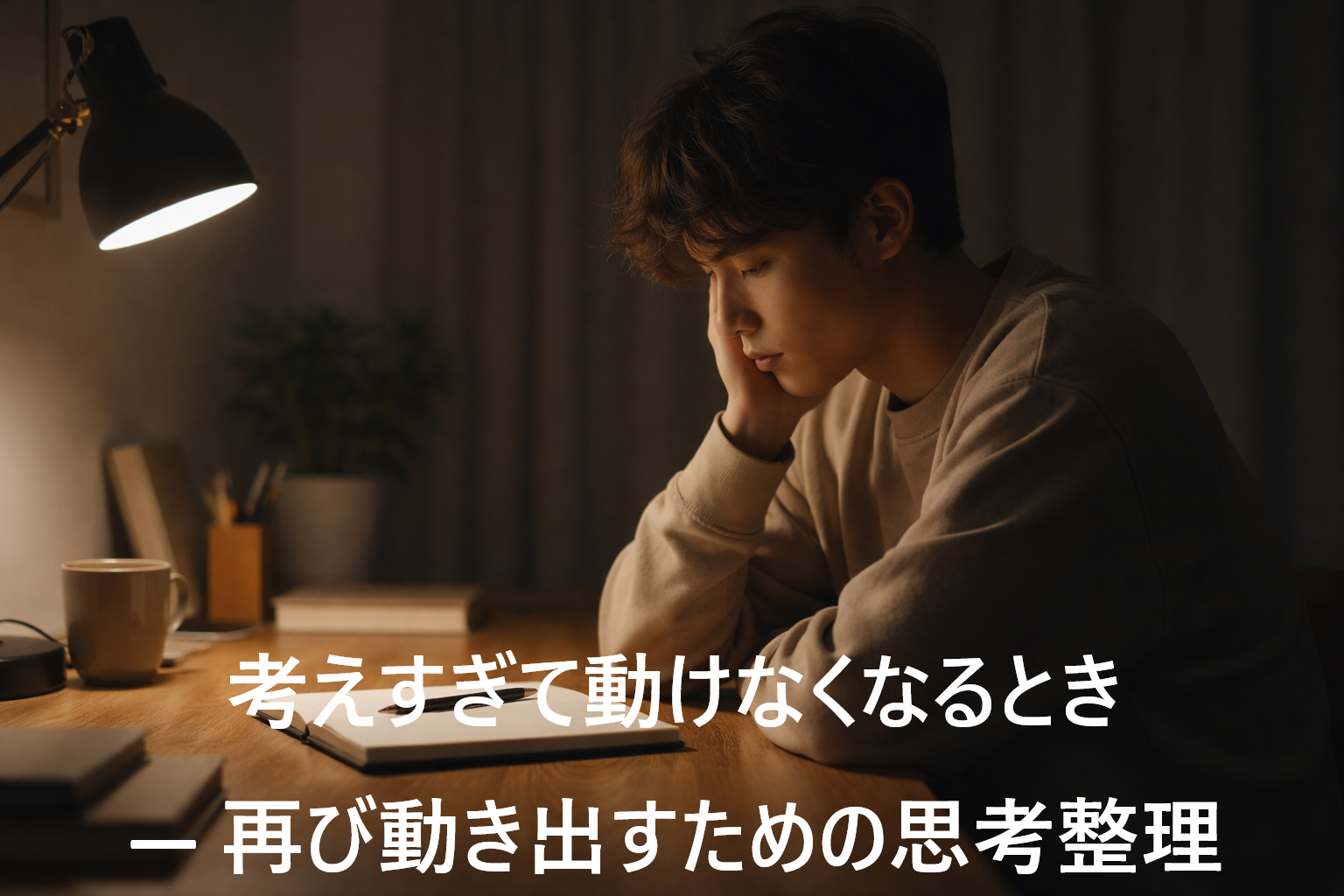 考えすぎて行動できない状態を表す、ノートを前にして手が止まっている人物