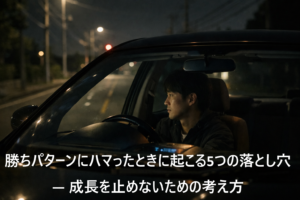 夜の停車した右ハンドル車の中で静かに考えている人物